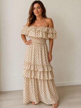 Happy Nature XS Polka Dot Ruffle Off Shoulder Boho Maxi Dress XS